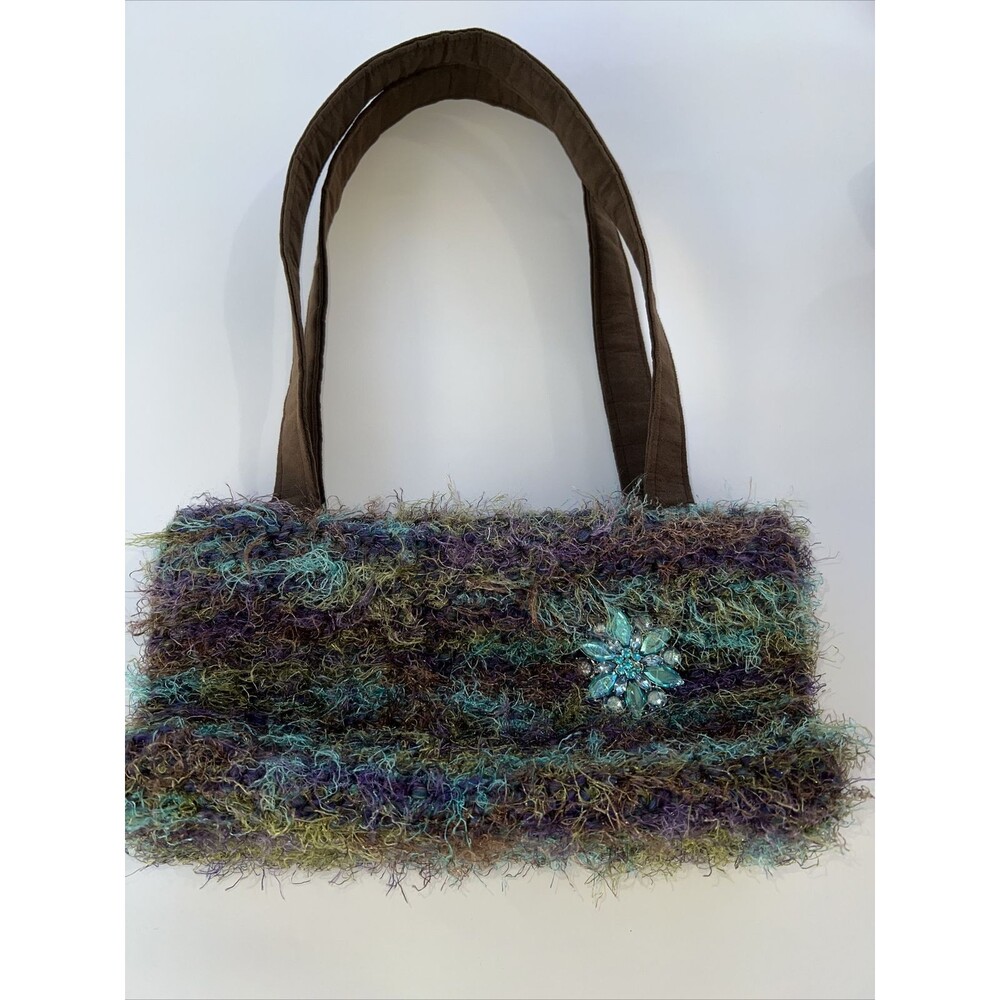 Hand Made Crochet Blue Green Purse Hand Bag Unique Charming Boho Fluffy Soft